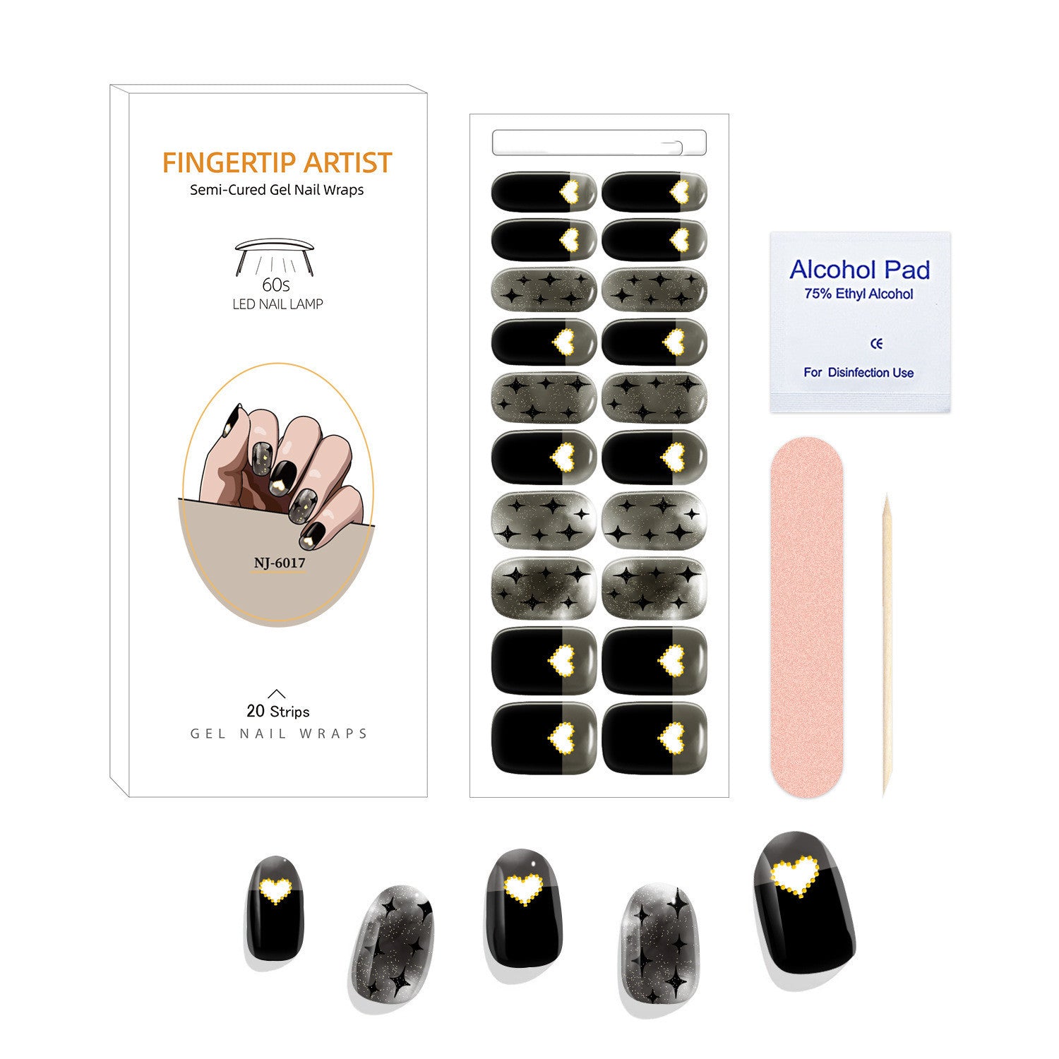 Currant™ Canvas Kit with black and gold gel nail wraps, alcohol pad, nail file, and wooden stick for application.