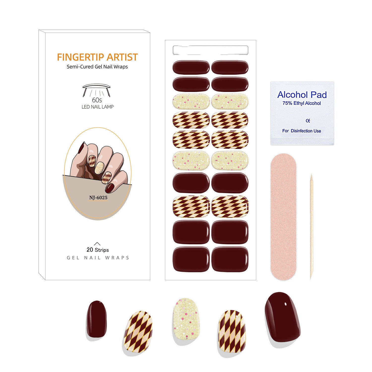 Currant™ Canvas Kit featuring gel nail wraps in burgundy, cream, and patterned designs, with an alcohol pad and nail file.