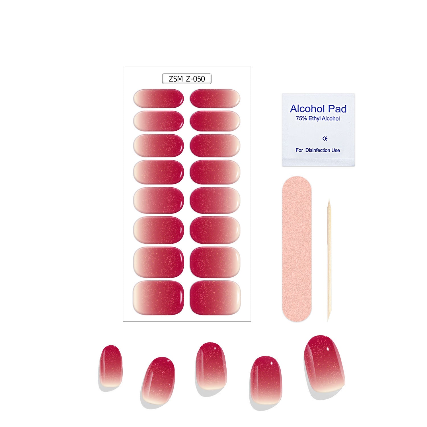 Crystal Chrome fashion nail set featuring red gradient designs, an alcohol pad, a nail file, and a wooden stick.