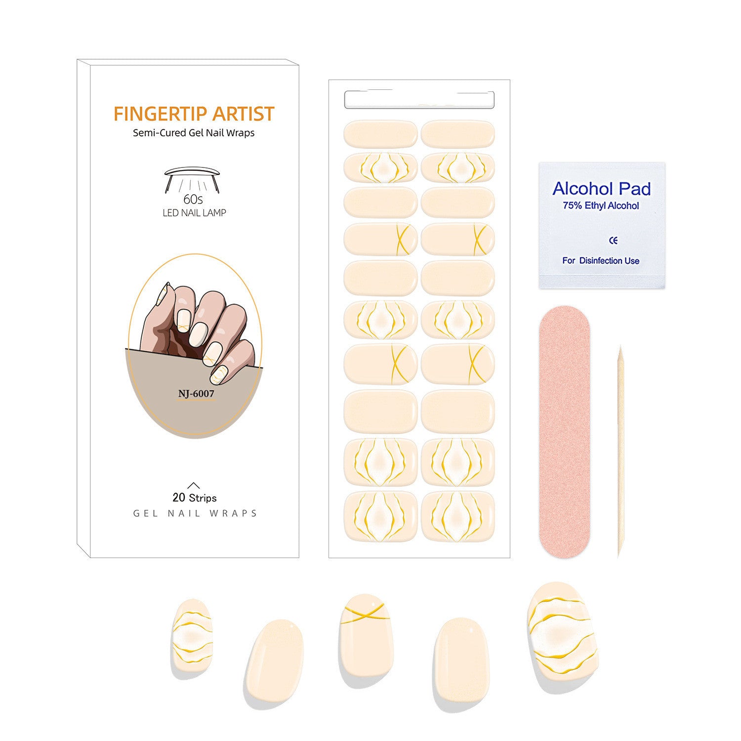 Currant™ canvas kit includes 20 gel nail wraps, an alcohol pad, a nail file, and various nail designs in cream and gold.