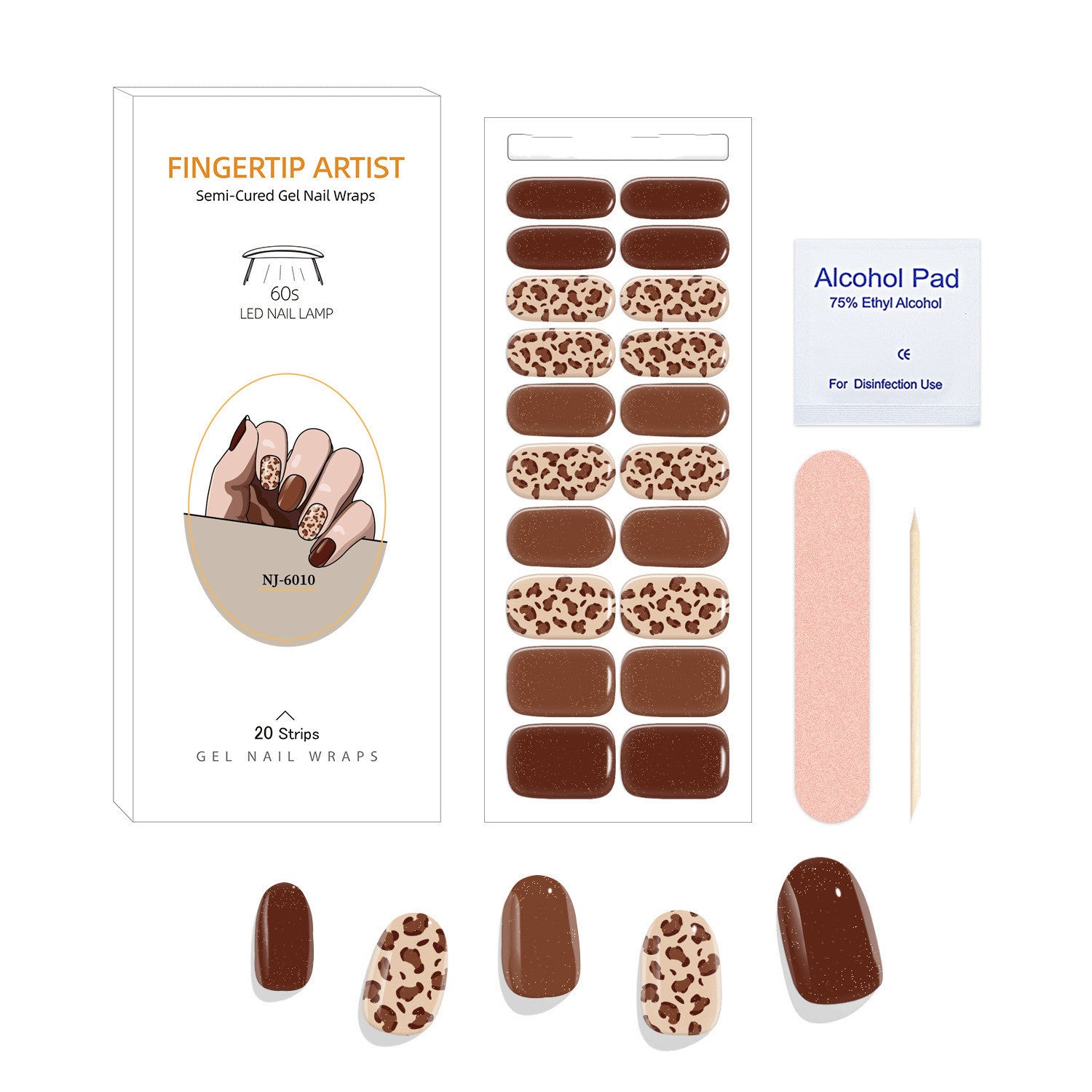 Currant™ Canvas Kit featuring gel nail wraps in brown and leopard print, includes alcohol pad and nail file.