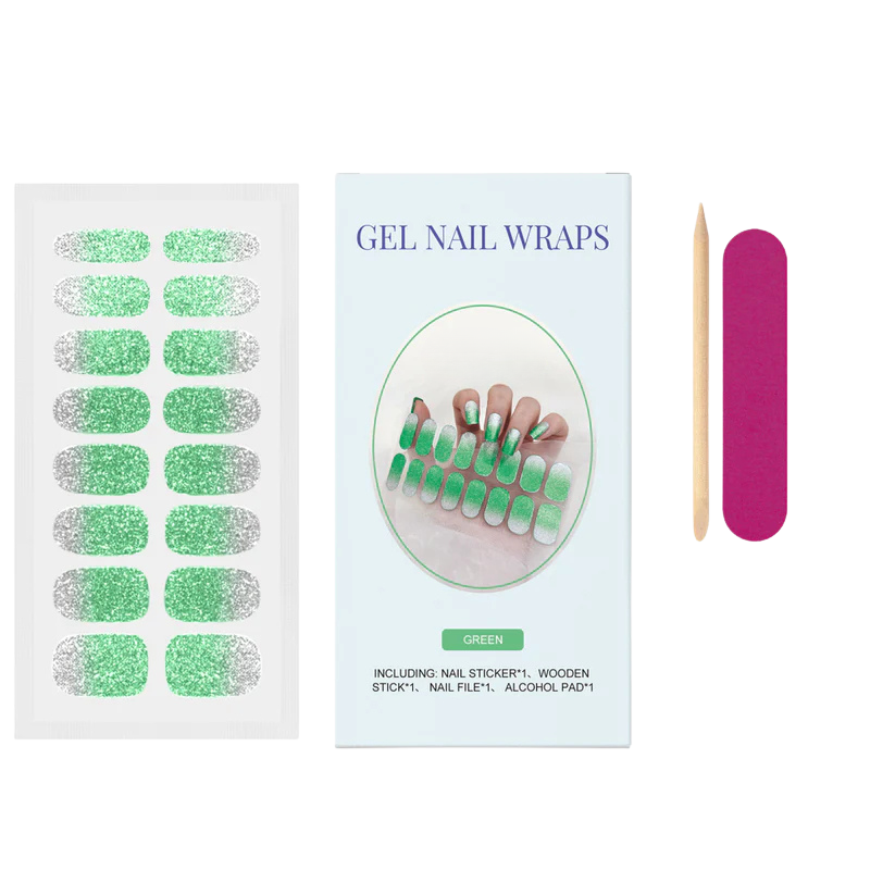 Currant™ Glitter gel nail wraps in green with glitter accents, includes wooden stick and nail file.