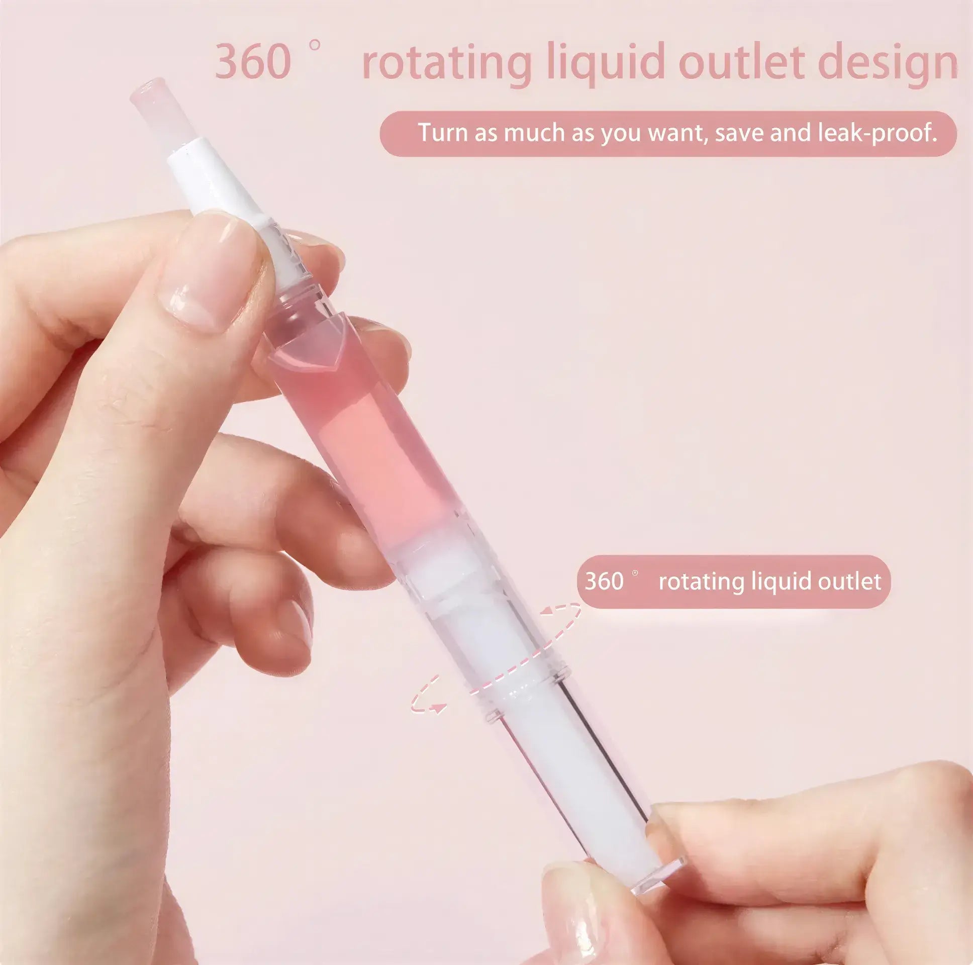 Cuticle oil pen with a 360° rotating liquid outlet design, held between fingers, featuring a pink liquid inside.