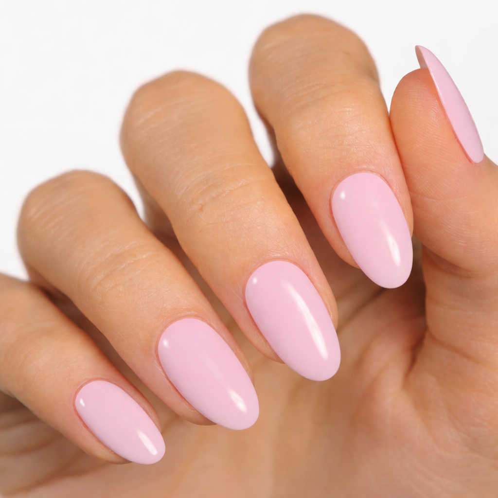 Currant™ nail wraps displayed on a hand with long, oval-shaped nails in a soft pink color.