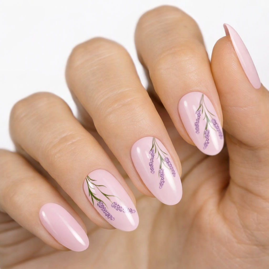 Currant™ starter kit featuring pink nail wraps with lavender floral designs on manicured nails.