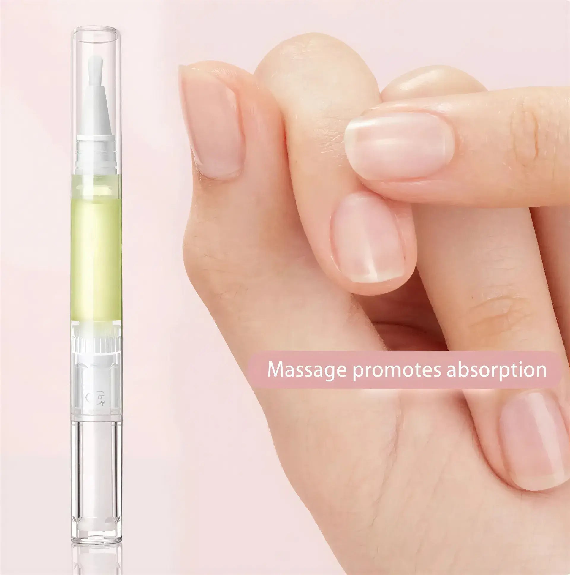 Cuticle oil pen with a clear applicator and green oil, next to a hand with well-groomed nails.