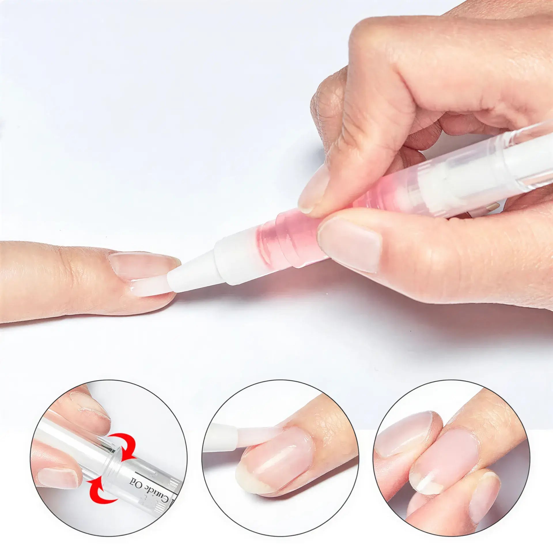 Cuticle oil pen with a rotating applicator, being applied to a fingertip with well-groomed nails.