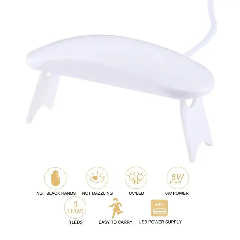 Currant UV lamp in white with a curved design, featuring three LEDs and a USB power supply for easy portability.