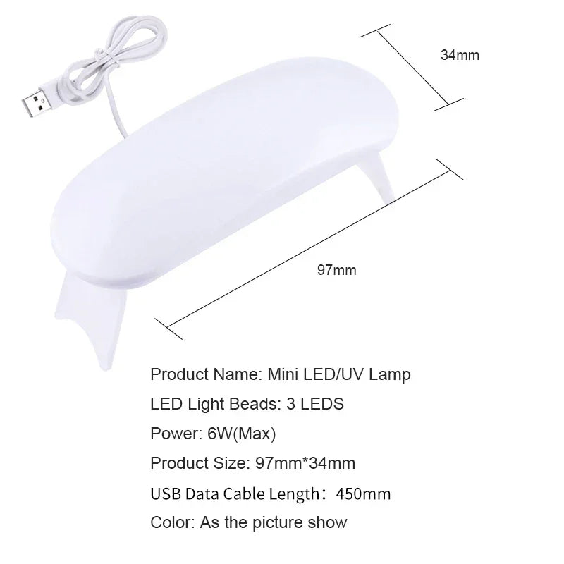 Currant UV lamp in white with a curved design, measuring 97mm by 34mm, includes a USB data cable.