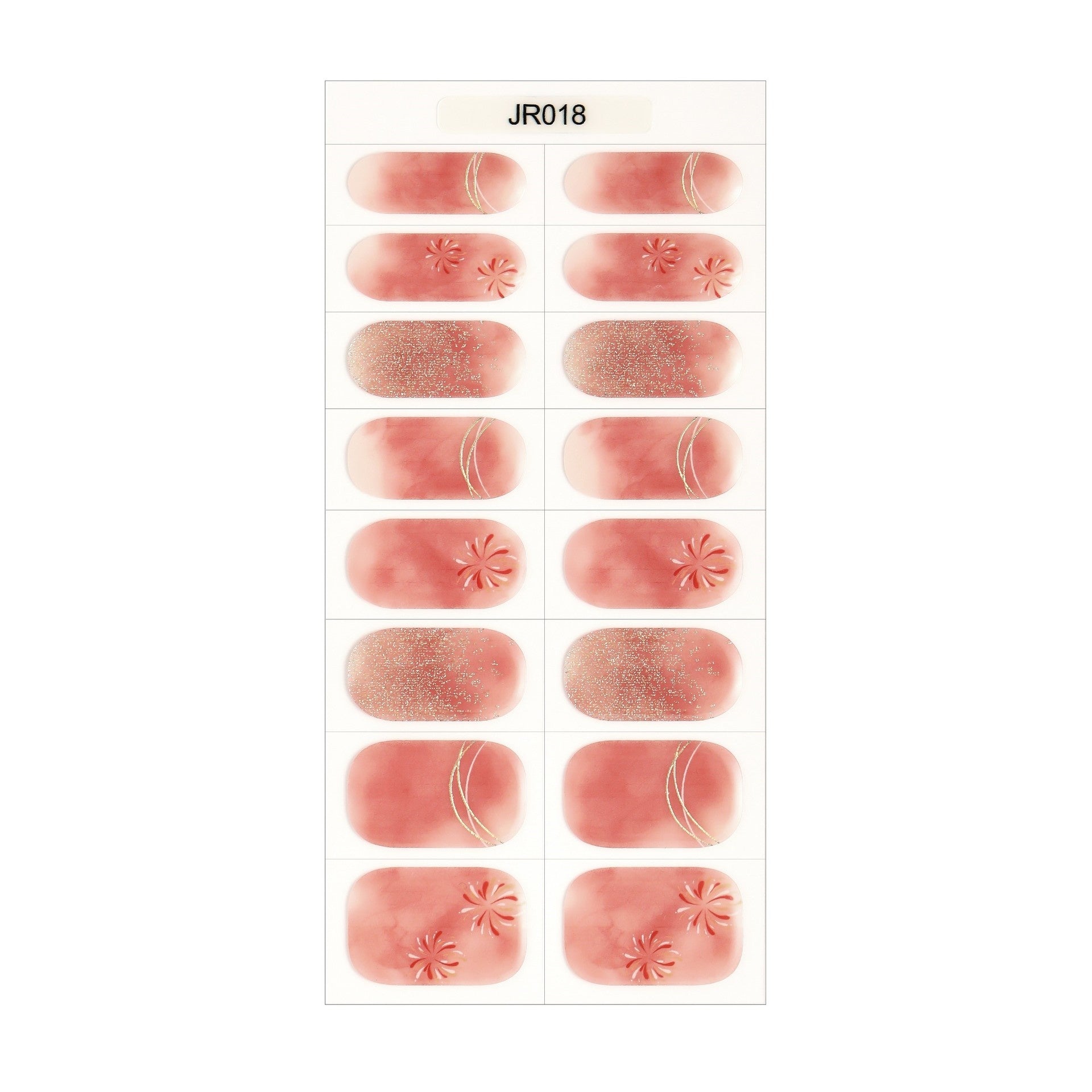The Designer Gel Edit features a variety of pink gel nail designs with floral and glitter accents on a display sheet.