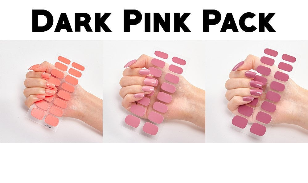 Triple bundle featuring three sets of nail wraps in shades of dark pink, displayed on a hand with manicured nails.