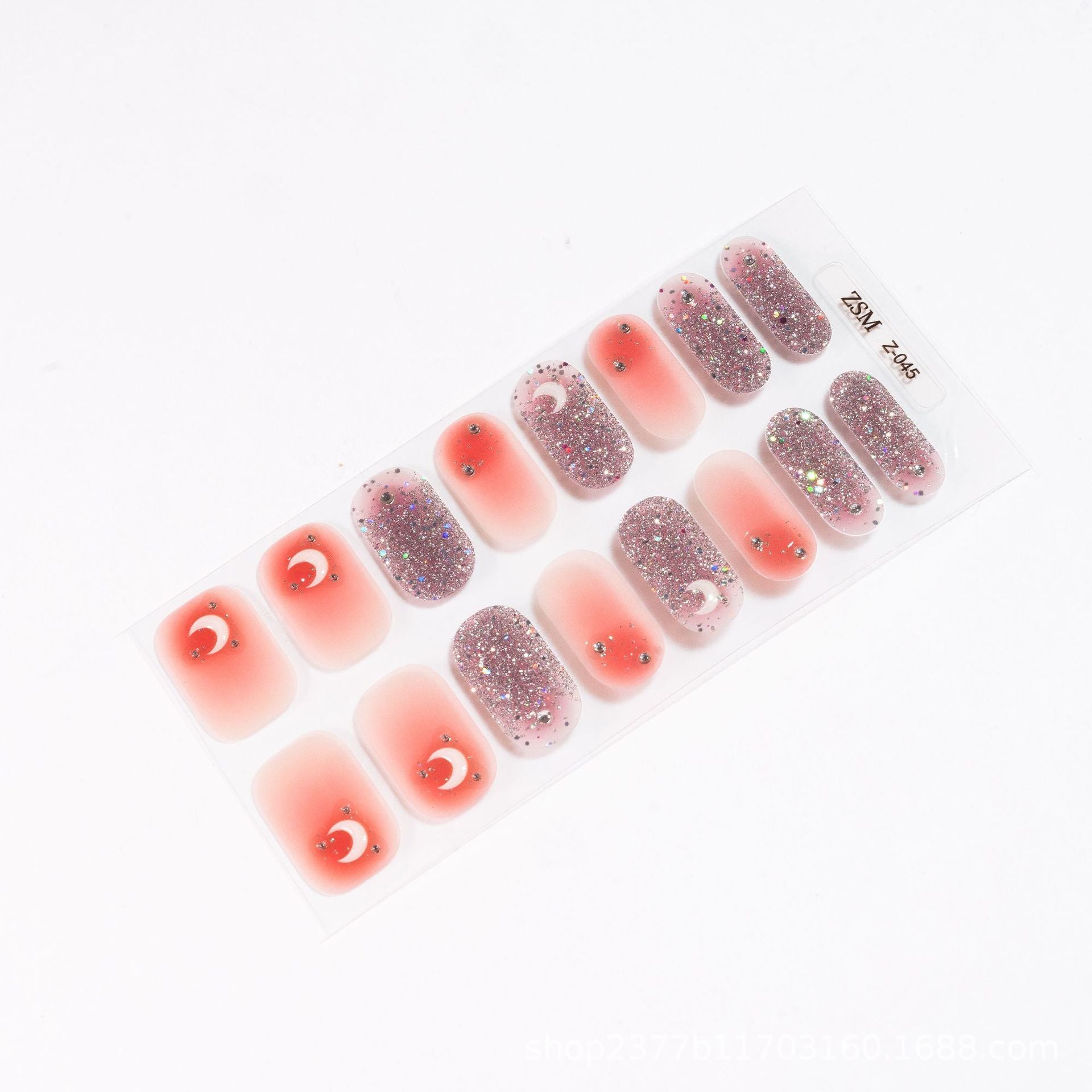3D nail sticker sheet featuring pink ombre designs and glitter accents in various shapes and sizes.