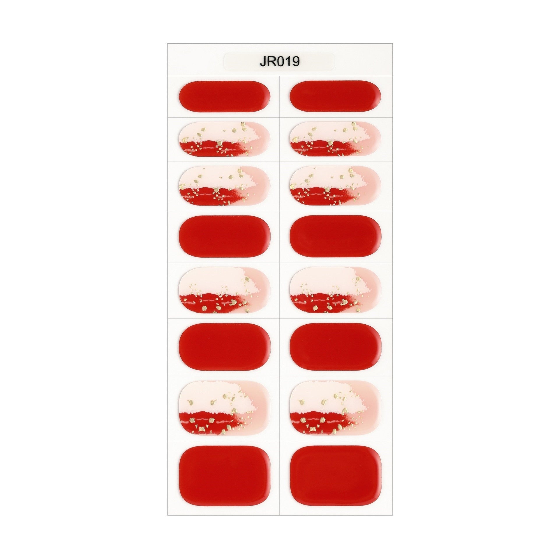 The Designer Gel Edit features a sheet of red gel nail strips with abstract gold and white designs.