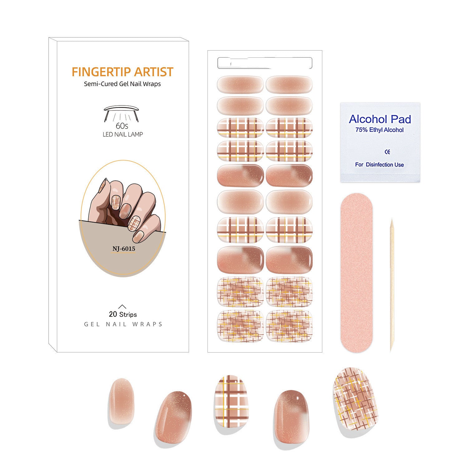 Currant™ Canvas Kit includes gel nail wraps, an alcohol pad, and a wooden stick for application.