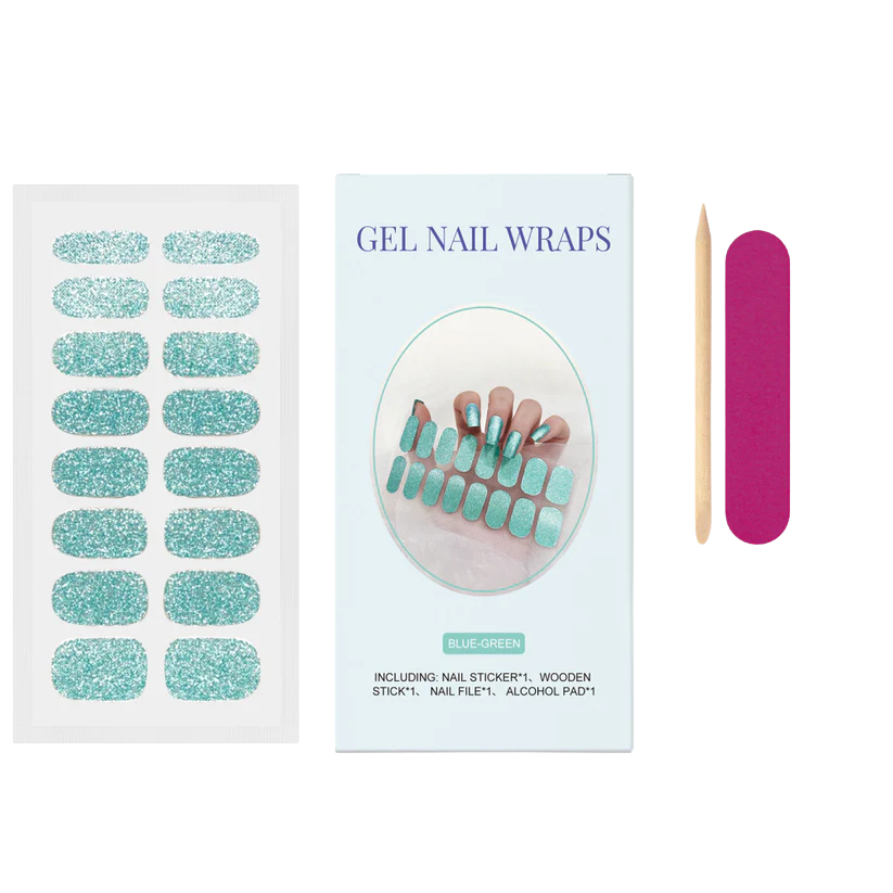 Currant™ Glitter gel nail wraps in blue-green with glitter, wooden stick, nail file, and alcohol pad included.