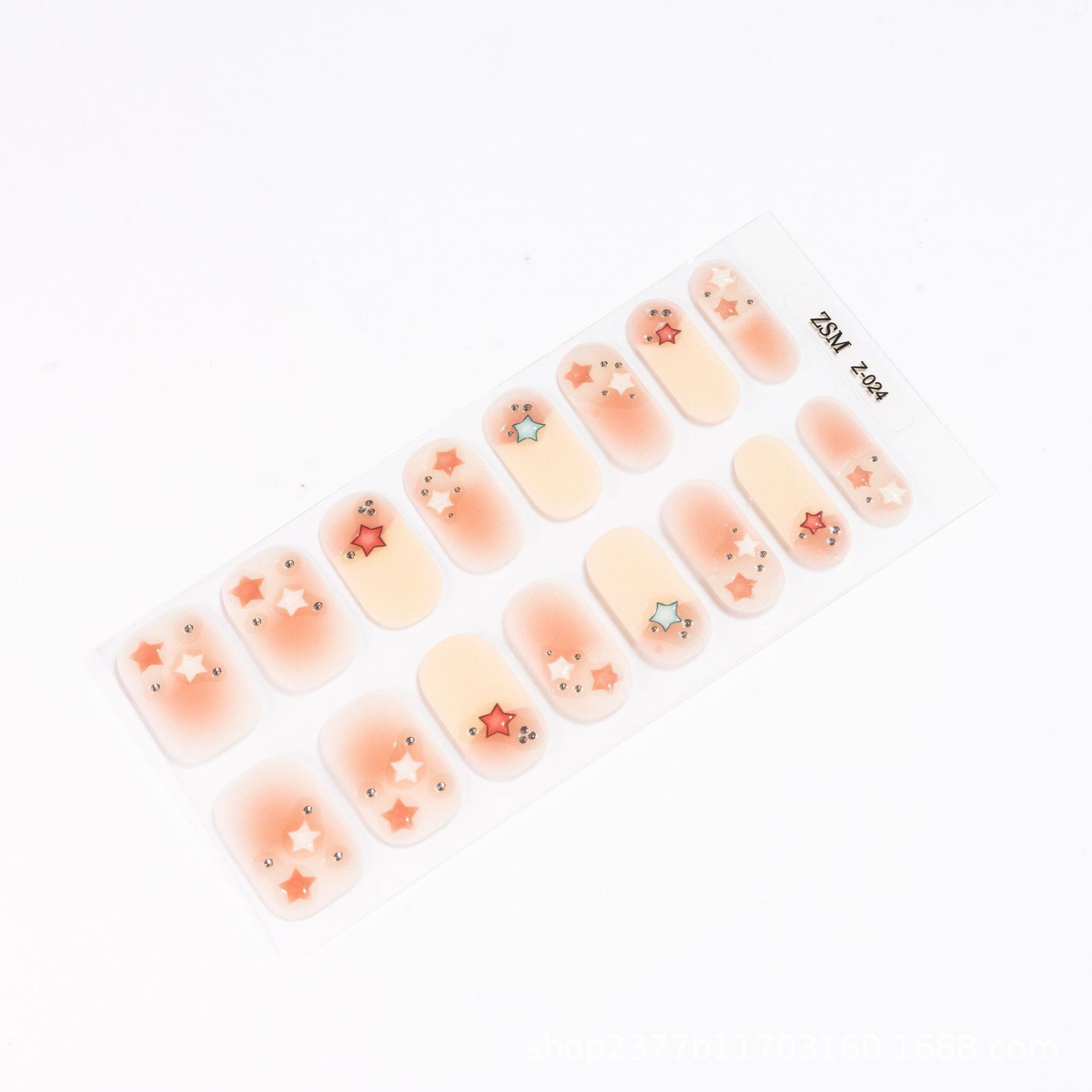 3D nail sticker sheet featuring peach and nude tones with star designs in red and blue.