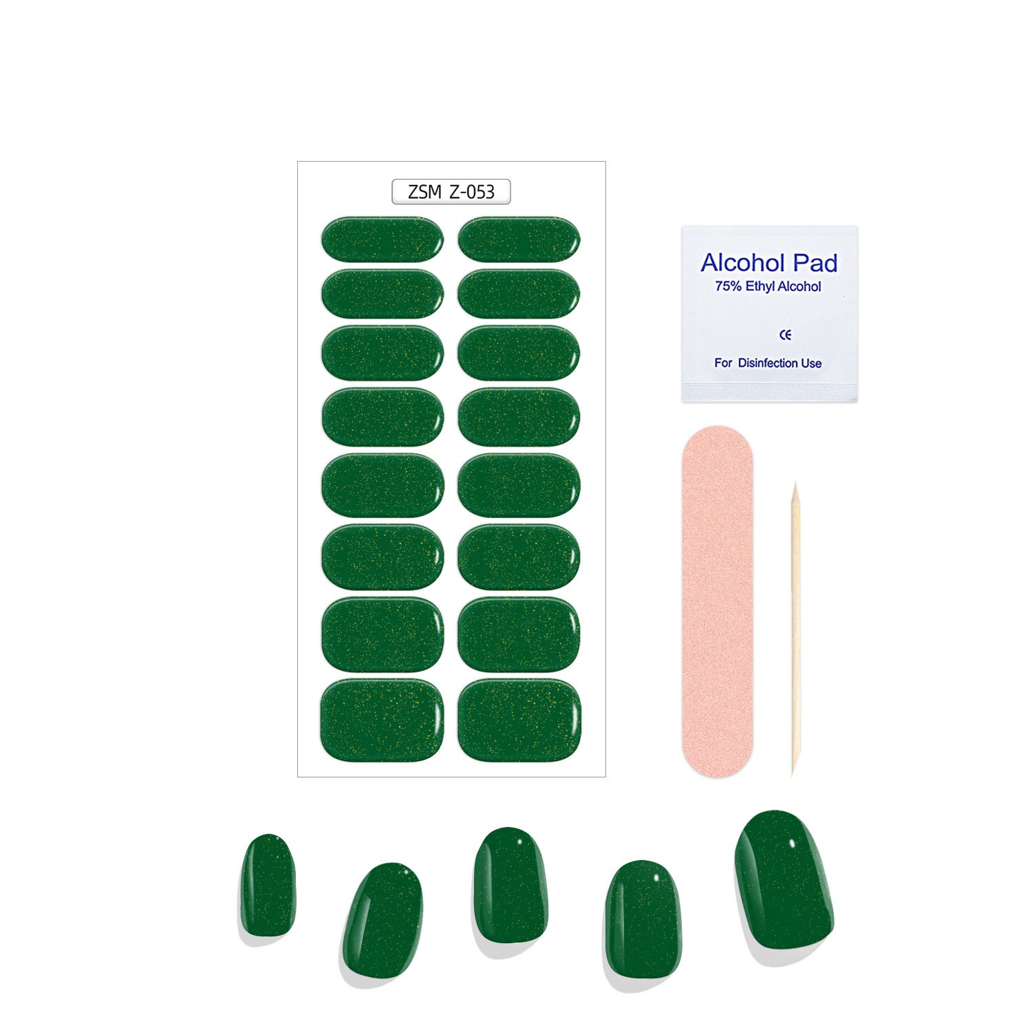 Crystal Chrome green press-on nails with glitter, alcohol pad, nail file, and wooden stick for application.