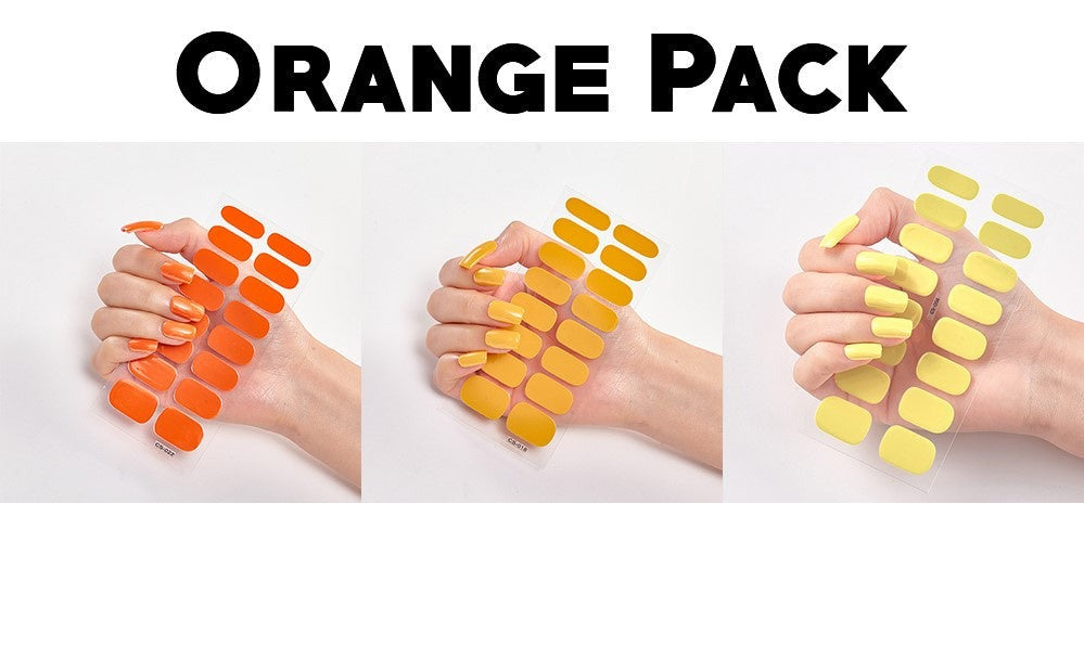 Triple bundle featuring orange and yellow nail polish swatches on a hand, showcasing various shades and finishes.