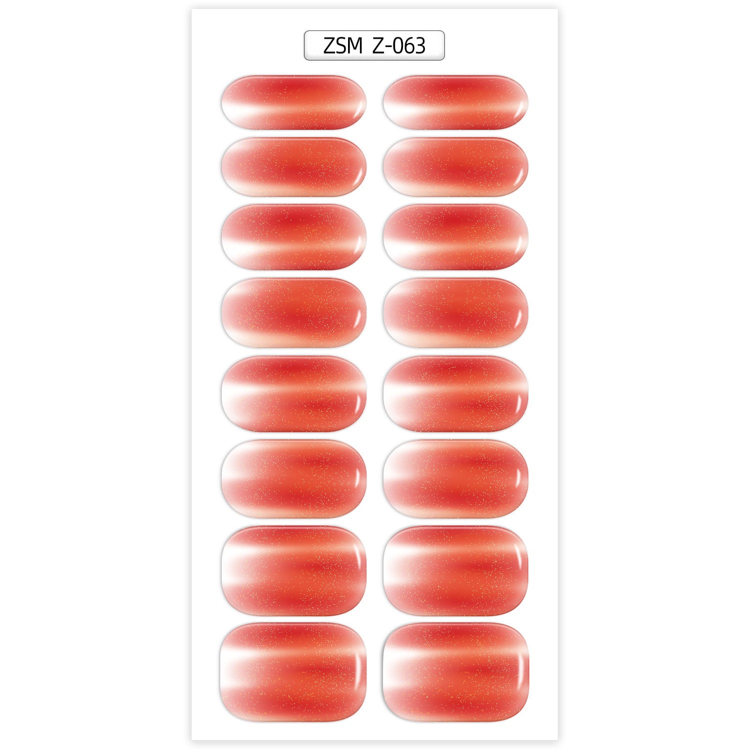 Crystal Chrome fashion nails in a glossy red-orange gradient, arranged in a grid on a white background.