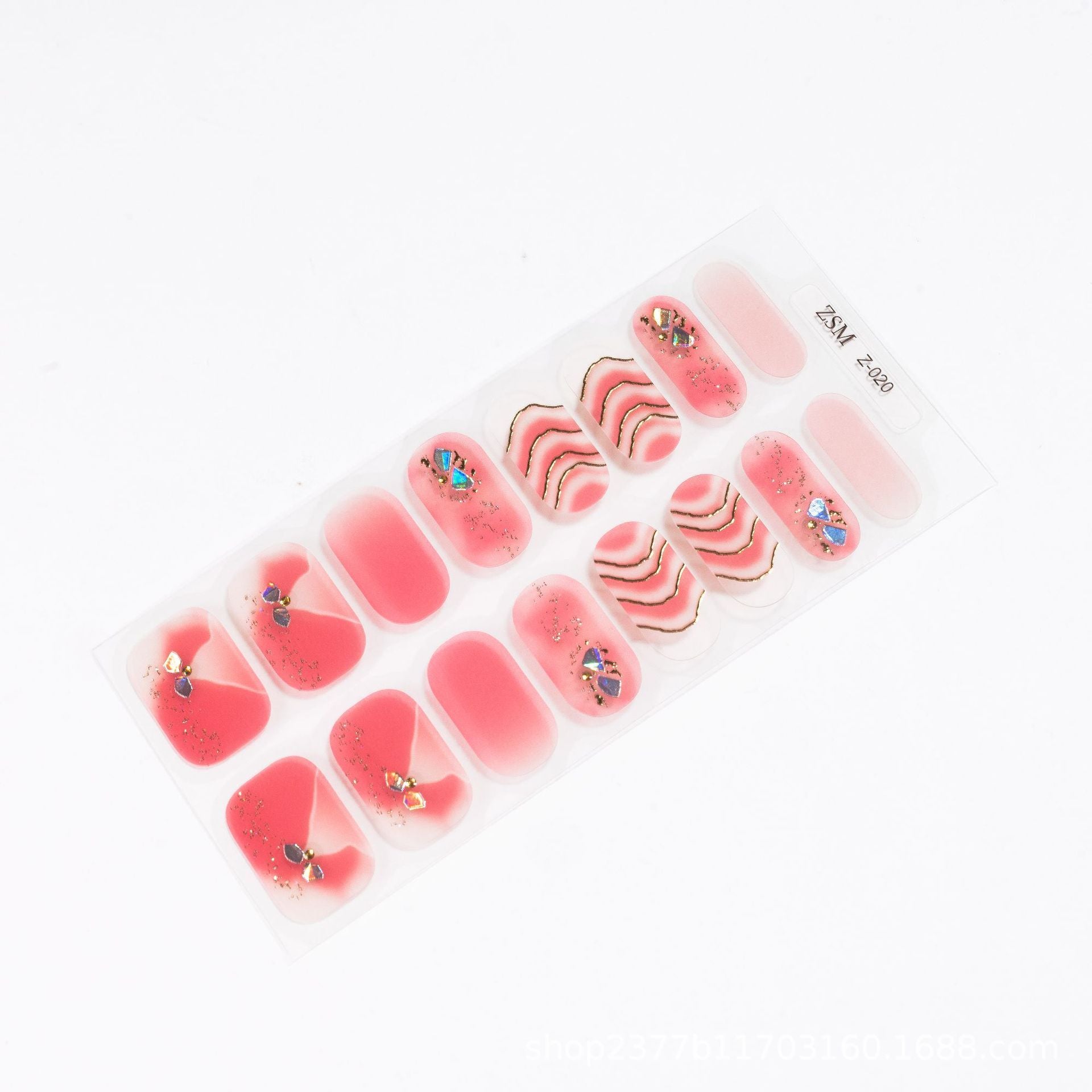 3D nail sticker set featuring pink and red designs with floral and geometric patterns on a clear backing.