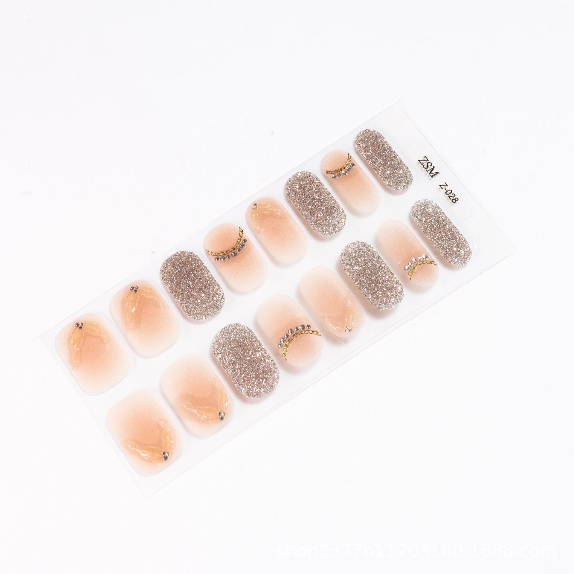 3D nail sticker set featuring various designs in nude and glitter finishes with decorative accents.