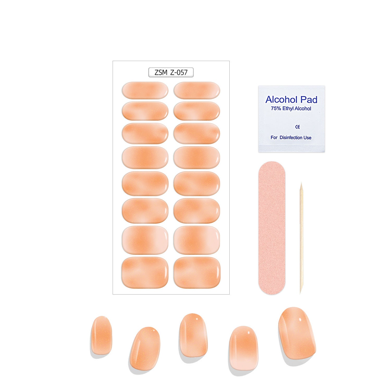 Crystal Chrome fashion set featuring nude press-on nails, alcohol pad, nail file, and wooden stick for application.