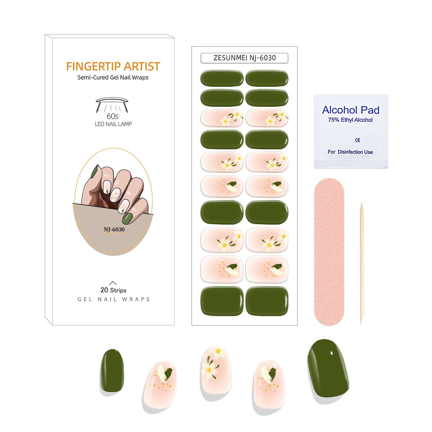 Currant™ Canvas Kit featuring gel nail wraps in pastel pink and green with floral designs, alcohol pad, and application to...