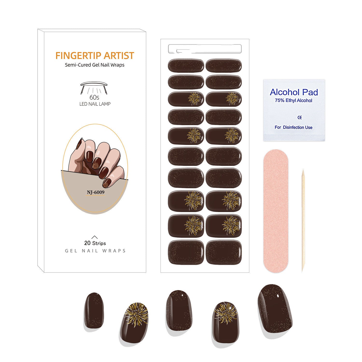Currant™ Canvas Kit includes dark brown gel nail wraps with gold floral designs, an alcohol pad, and a nail file.