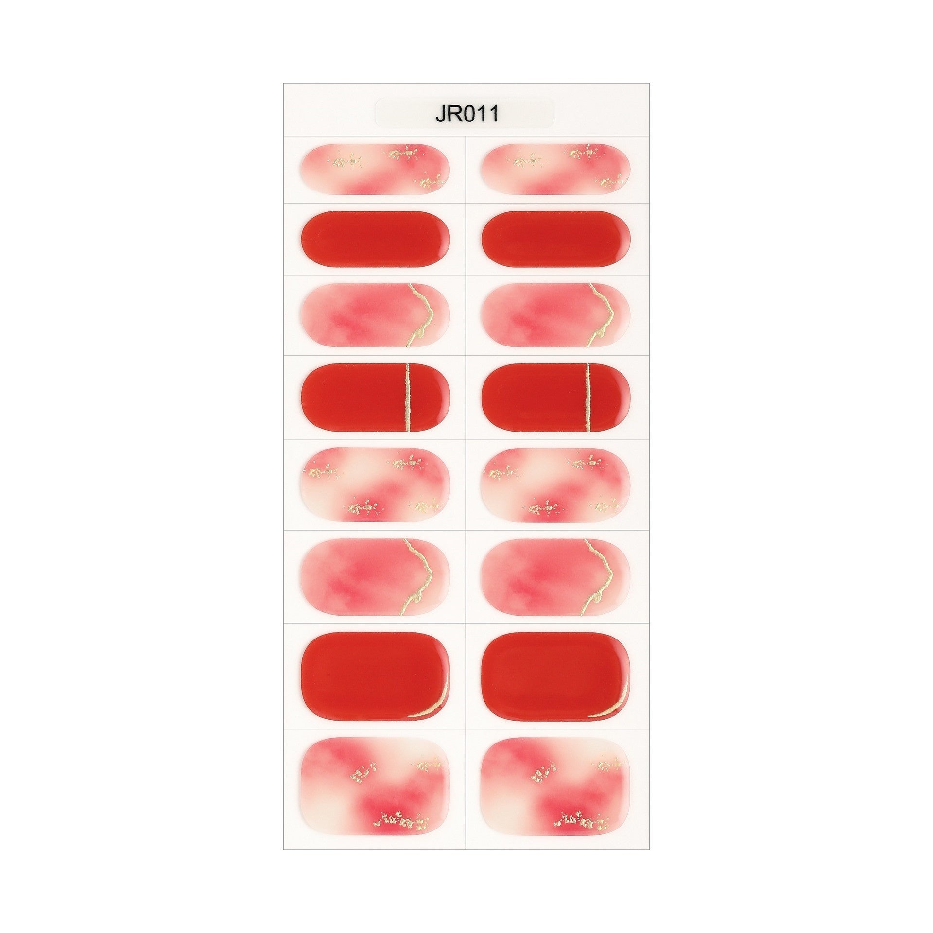The Designer Gel Edit features a variety of red and pink gel nail designs on a display sheet.