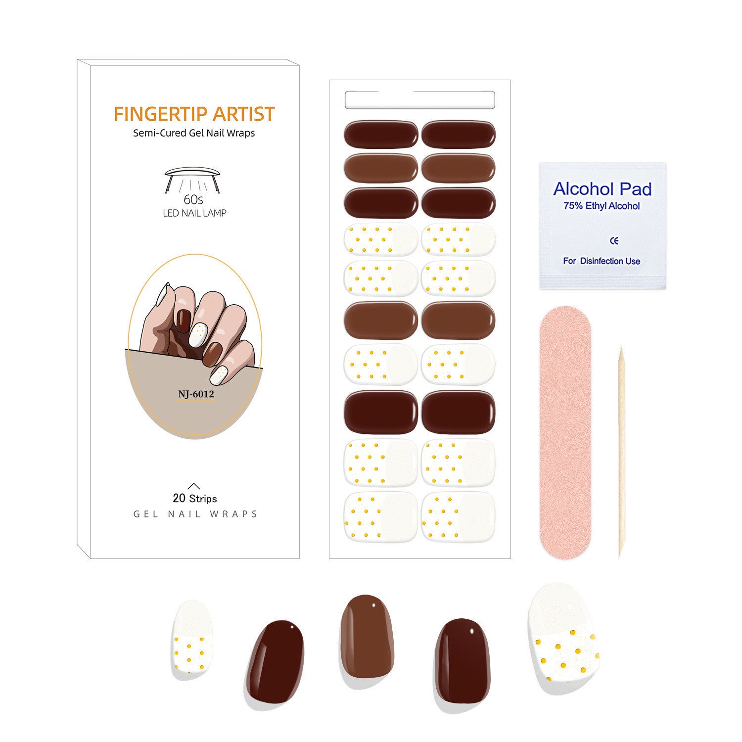 Currant™ Canvas Kit includes gel nail wraps, an alcohol pad, a nail file, and various nail designs in brown and white.