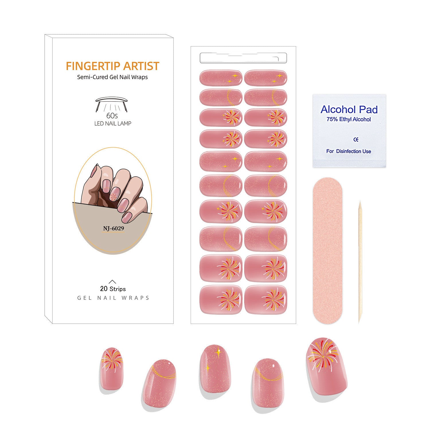 Currant™ Canvas Kit featuring pink gel nail wraps with floral designs, alcohol pad, and nail file in a box.