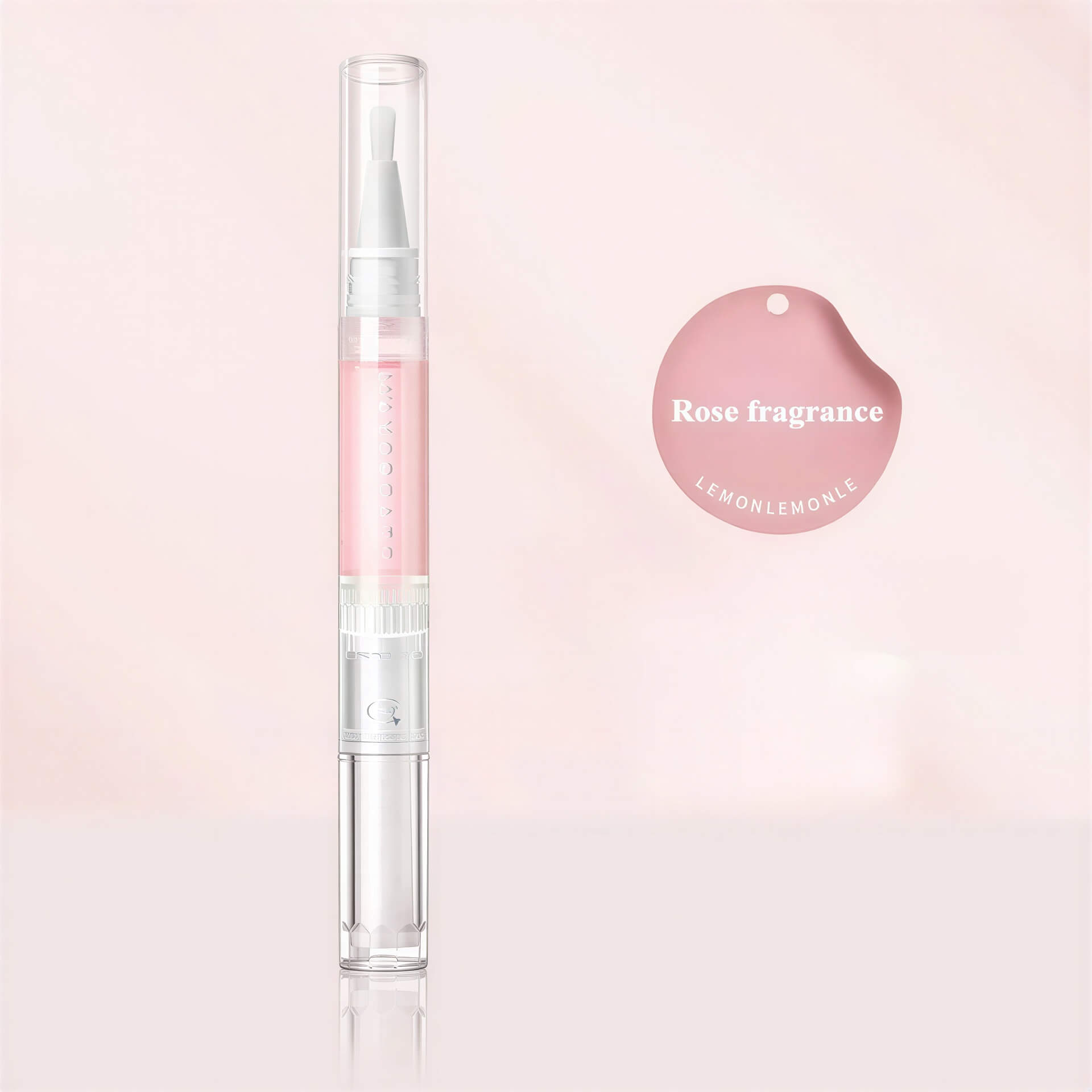 Cuticle oil pen with a clear body and pink liquid, featuring a rose fragrance label.